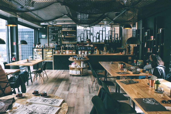 Small business storefront with customers