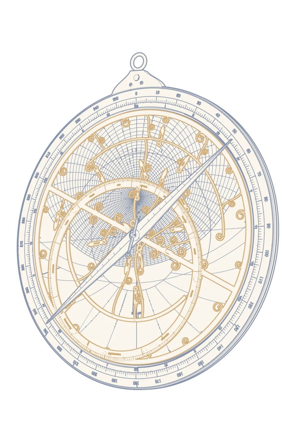 An astrolabe hanging from its ring, showing the engraved plate, the star-pointer rete and the rule.