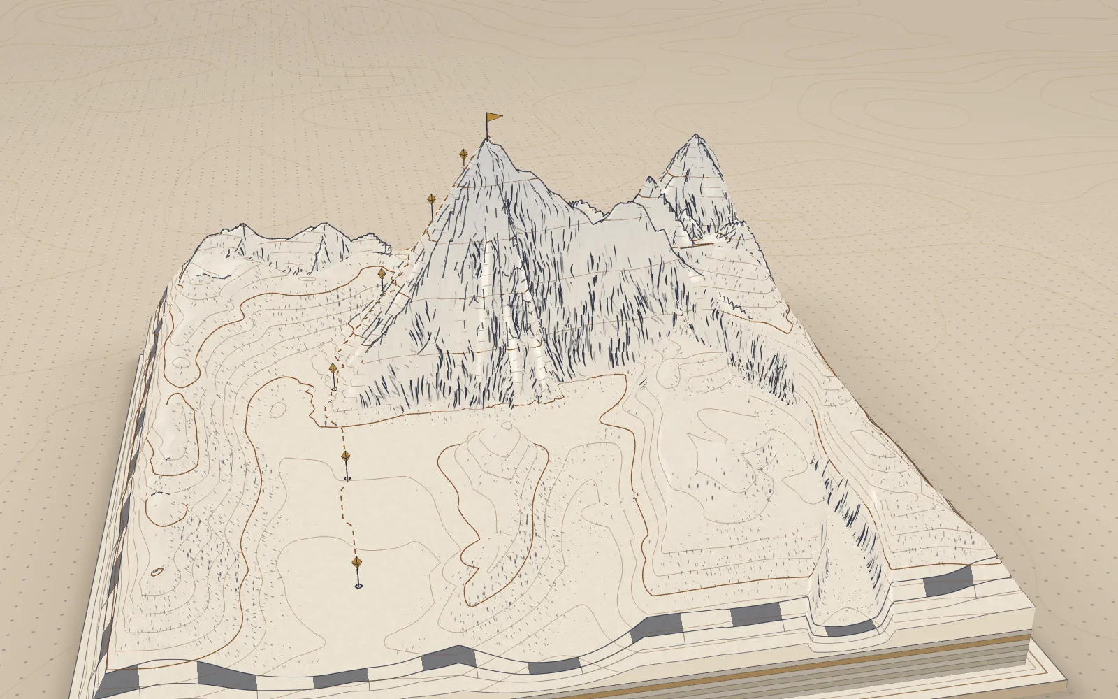 An engraved relief of the Eiger with the atlas route climbing from Base Camp to High Camp, past the six regions of the site.