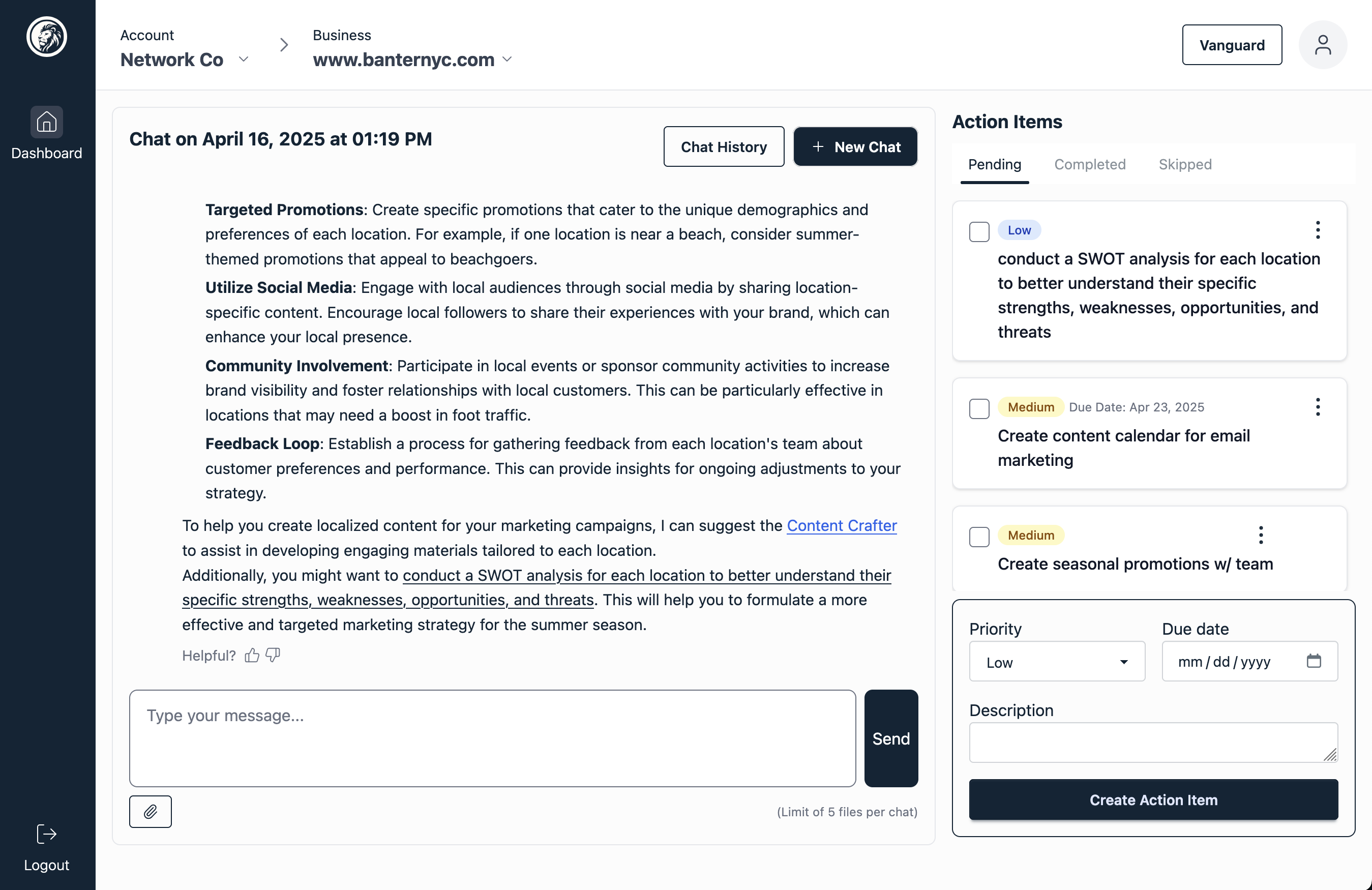 Noble Base platform interface showing marketing advice and action items