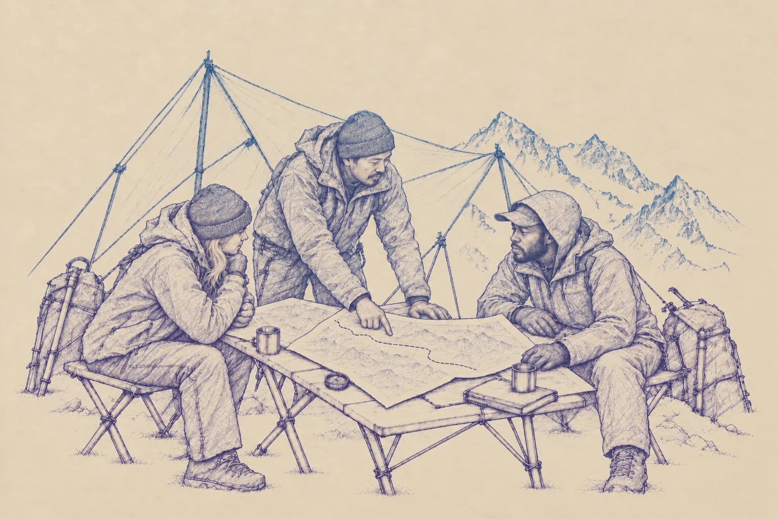 Three alpine expedition members planning a route over a map beneath an open tent.